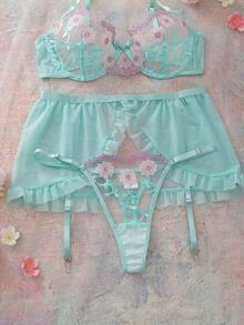 女士清新薄荷绿田园浪漫刺绣文胸套装，含钢圈聚拢文胸、丁字裤和吊袜带，三件套 - 綠色 - 查看 5