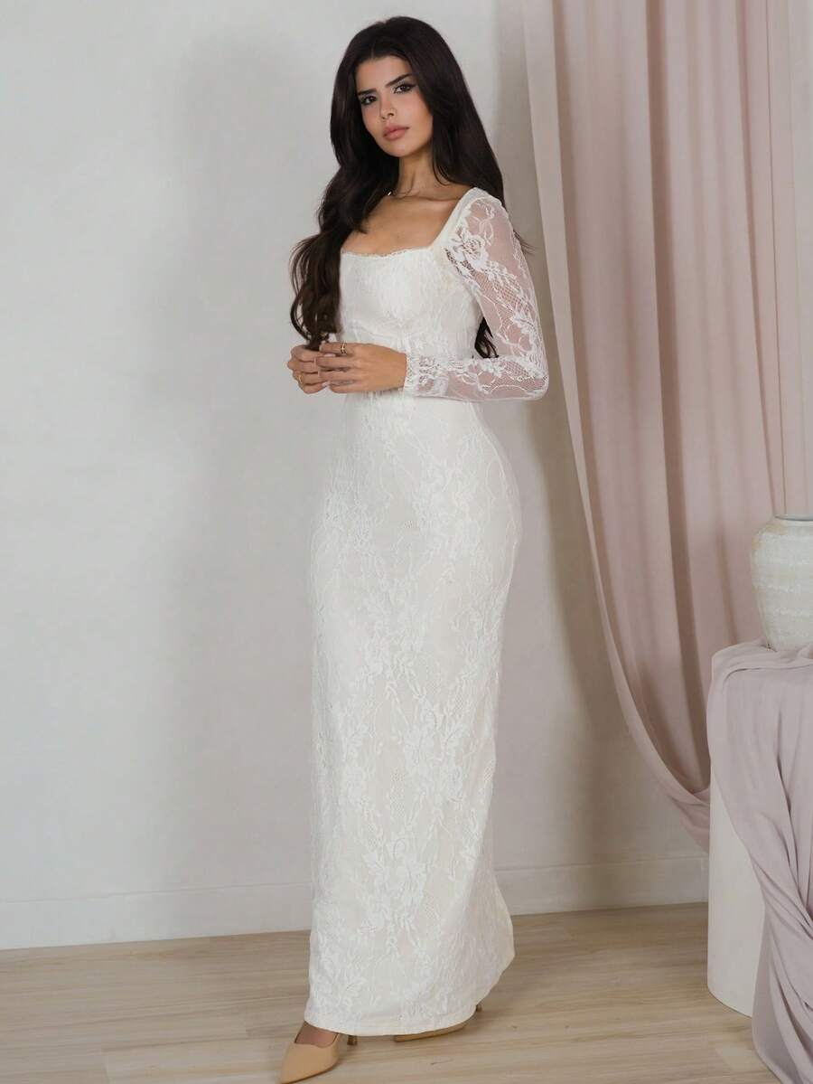 Hindelle 女式秋冬新款性感S形蕾丝长袖紧身方领修身长款派对连衣裙，黑色