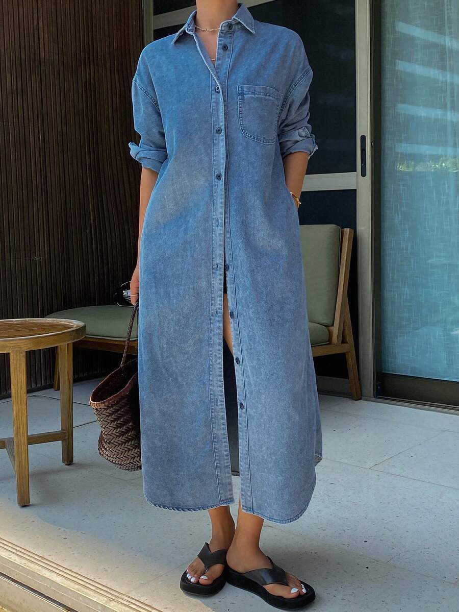 DAZY 女士休闲水洗口袋牛仔衬衫裙，春夏款 - 藍色 - 查看 1