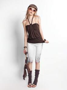 Bloopia 女士针织露背系带无袖深棕色时尚百搭上衣 - 棕色 - 查看 5