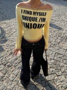 Muchica 女士黄色针织印花露肩T恤 - 黃色 - 查看 4