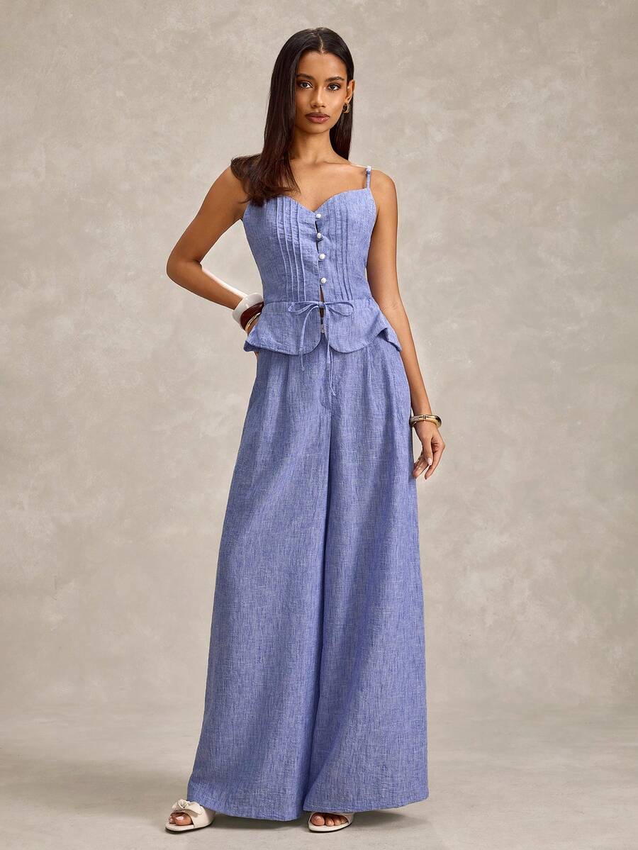 EURMUSE Women Linen Fabric Two Pieces Suit Sets - Royal Blue - View 1