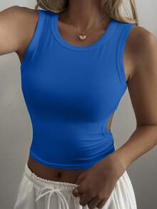 Women's Summer Round Neck Backless Hollow Design Fitted Cropped Casual Sexy Camisole Top Y2k - Royal Blue - View 2