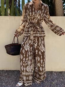 DAZY 女士休闲印花衬衫和阔腿裤两件套，春夏款 - 棕色 - 查看 5