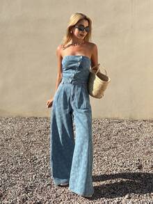 DAZY Women's Casual Denim Camisole Top And Pants Set, Blue Textured, Summer - Blue - View 4