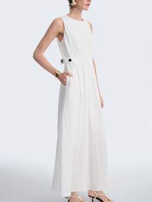 Aalyst Đầm chữ A xếp ly ôm dáng thanh lịch, thiết kế cài cúc, thích hợp mặc hàng ngày đến văn phòng dành cho nữ. - trắng - Xem 4