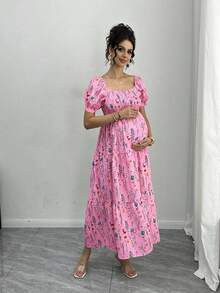 Momance 孕妇印花褶皱优雅连衣裙，适合参加派对和外出活动 - 粉色 - 查看 5