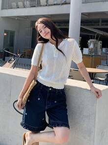 DAZY Women's Solid Color Knit Top, Versatile Korean Style, Spring/Summer Golf White Basic - White - View 6