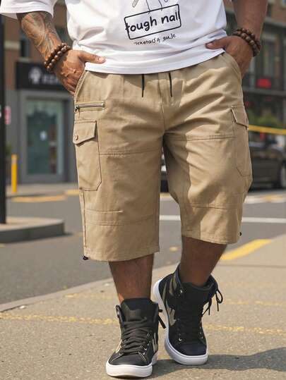 ResortEase Pantalones cortos de cargo sueltos con bolsillos con cremallera talla grande para hombres, pantalones cortos casuales lisos de longitud hasta la rodilla para salir, color caqui, para regalos de esposo o novio