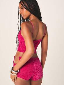 MISSGUIDED Hot Pink Lace Texture High Waisted Chain Detail Cut Out Shorts Summer Festival Beach Party Clubwear - Hot Pink - View 2