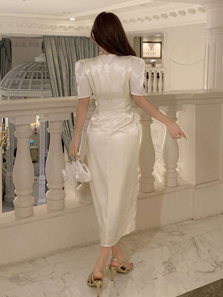 Women's Elegant Solid Color Petal Sleeve Long Dress, Summer Sundress