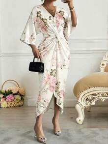 SHEIN Lady 大码女式印花V领七分袖扭腰优雅连衣裙，Florurora春夏优雅连衣裙，女士春季穿搭，度假装，女士夏季休闲装，女士奢华连衣裙 - 彩色 - 查看 8