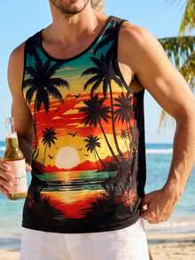 VIVINTIMO Men Tropical Print Tank Top For Summer, Men Tank Tops Beach, Graphic Tees Men Sleeveless, Beach Tank Tops Men - Black - View 4