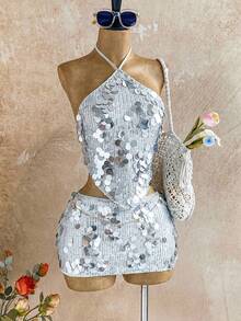 Soleia 女士度假纯色亮片不对称下摆露背上衣和紧身迷你裙两件套 - 銀色 - 查看 8