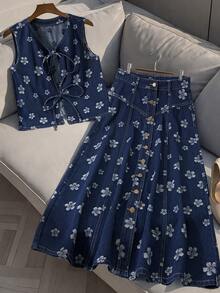 GlowEve Women's Minimalist Print Sleeveless Denim Top - Blue - View 9