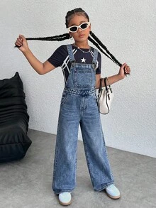 少女Y2K潮流休闲百搭纯色复古水洗背带裤休闲阔腿连体裤无袖牛仔背带裤，不含T恤，适合女孩春夏假期穿搭，夏季音乐会锐舞节宽松短裤街头风穿搭，返校穿搭 - 淺色水洗藍 - 查看 3