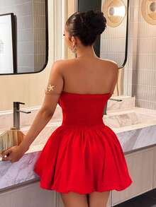 Slaydiva 2025 New Party, Birthday, Cocktail, Valentine's Day, Halloween, Christmas, Wedding, Daily Casual French Style Summer New Arrival Strapless Bubble Hem Princess Mini Dress, Red - Red - View 2