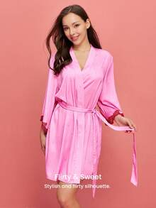 LUVLETTE 女士性感丝滑缎面奢华蕾丝边粉色系带透气家居睡袍睡衣情人节礼物 - 藕粉色 - 查看 7