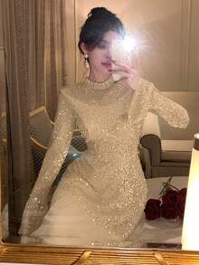 DAZY 女士时尚派对亮片拼接喇叭袖连衣裙 - 紫色 - 查看 1