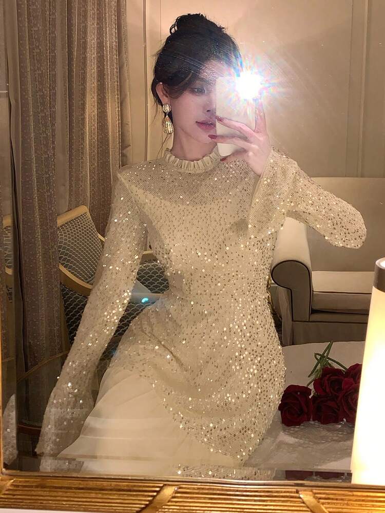 Women's Fashion Party Sequin Patchwork Flare Sleeve Dress