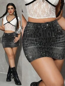 SHEIN PETITE Women's Summer Fashion Rhinestone Washed Asymmetric Pocket Bodycon Denim Mini Skirt - Black - View 2