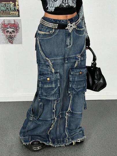 Jeanoix 大码女式口袋毛边装饰时尚通勤牛仔裙