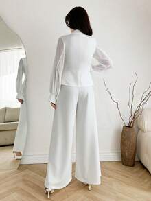 EURMUSE Women Spring Summer Suit Set Regular Fit Long Length Pant Wide Leg Elegant White Two Pieces Suit Set Blazer High-Waist Pants Office Guest Outfit - White - View 2