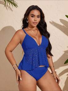 Swim Lushoire Bộ đồ bơi tankini khoét lỗ màu trơn dành cho nữ cỡ lớn - Màu xanh lam - Xem 4