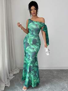 SHEIN Clasi Printed Random Cut Summer Women's Sleeveless Asymmetric Neck Long Ribbon Bow Tie Fitted Mermaid Dress - Green - View 6