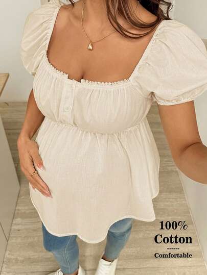 SHEIN Maternity Summer Casual Solid Color Petal Sleeve Shirt