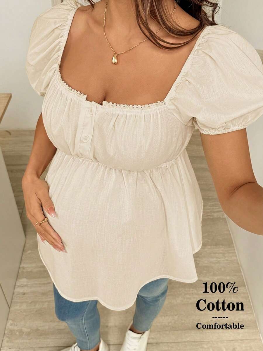 SHEIN 孕妇夏季休闲纯色花瓣袖衬衫 - 米色 - 查看 1