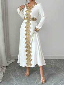 DAZY Robe élégante mi-longue à col V et manches longues avec appliqués décoratifs pour femmes - Beige - Voir 2