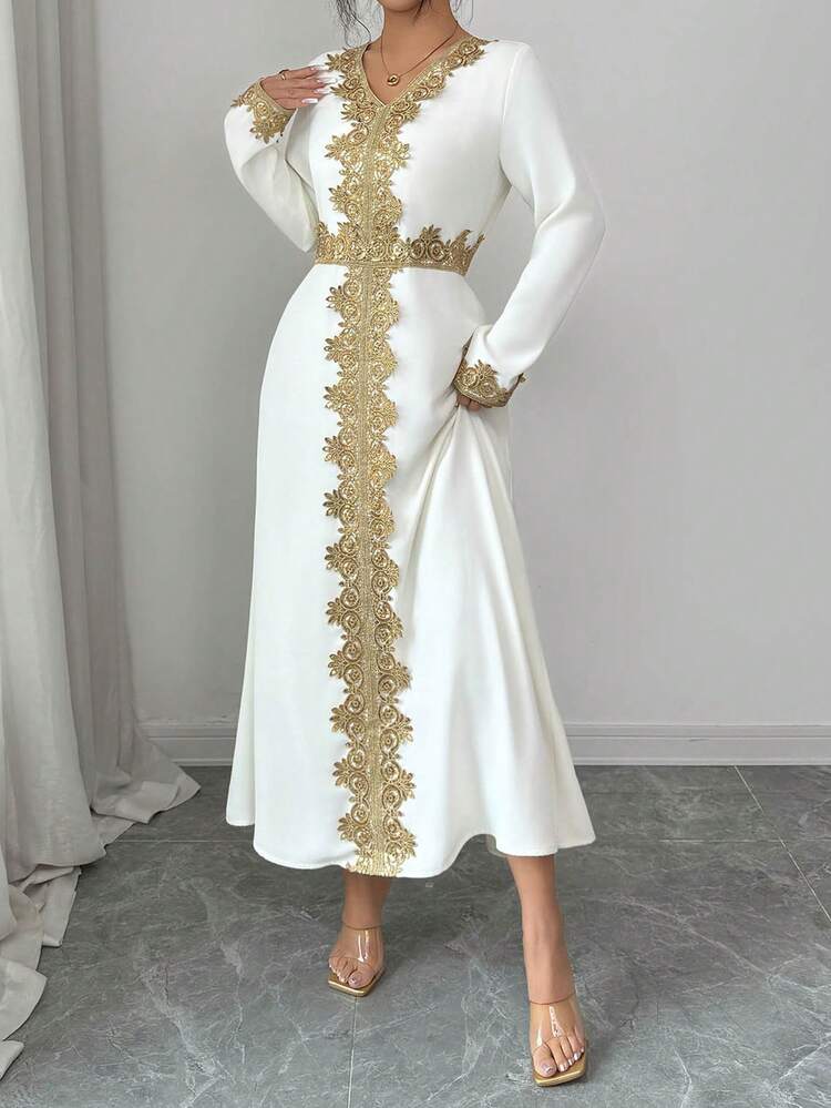 Women's Elegant Mid-Length V-Neck Long Sleeve Dress With Decorative Appliques,Valentine Outfits For Women Sundress