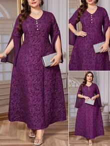 Reflora Đầm dài tay xẻ tà cổ chữ V họa tiết hoa jacquard dành cho nữ cỡ lớn, thanh lịch. - Màu tím - Xem 2