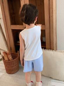 DAZY Conjunto de pijama de verano con camiseta de tirantes de cuello redondo lisa y pantalones cortos a rayas para niño - Blanco - Ver 2