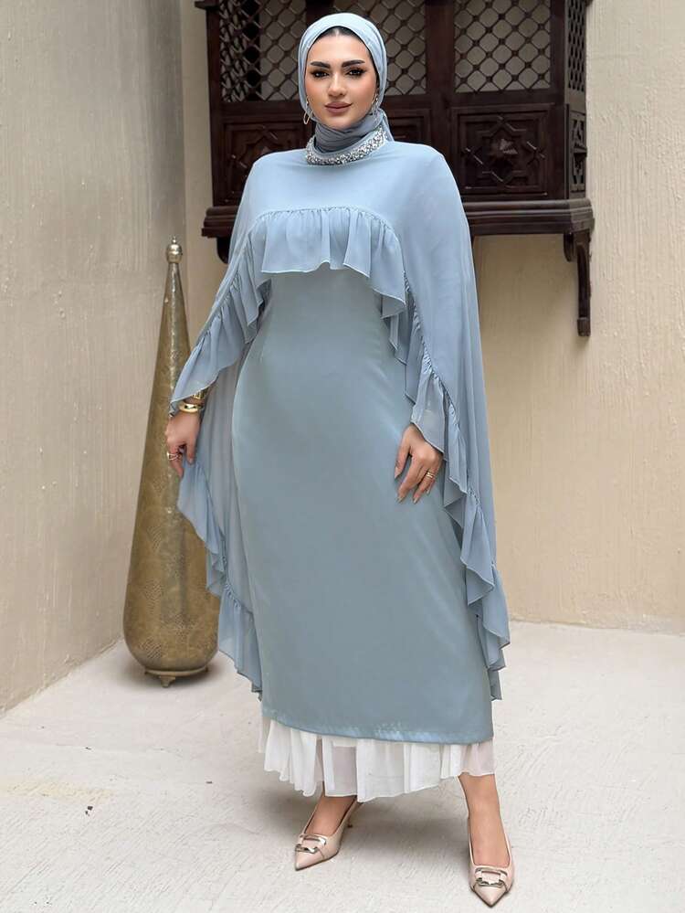 Dazy Plus Plus Size Contrast Color Patchwork Elastic Bodycon Dress With Ruffle Shawl Collar, Party Formal Dress Maxi Dress Sundress