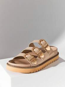 SHUZIA Women's Comfort Minimalist Buckled Triple Band Flat Slip-On Sandals - Beige - View 6