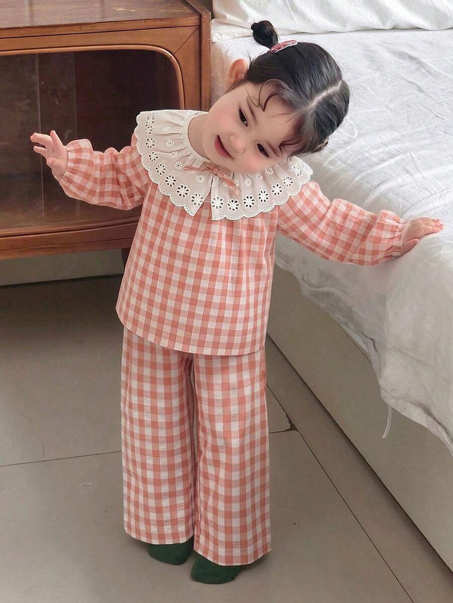 DAZY 女童格子领彼得潘领衬衫和裤子两件套睡衣 - 淺粉色 - 查看 1