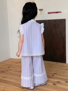 DAZY 女童条纹韩版荷叶边无袖上衣和宽松裤子两件套 - 薄荷綠 - 查看 2