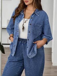 EMERY ROSE Plus Size Casual Washed Denim Blouse - Medium Wash - View 9