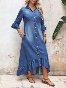 EMERY ROSE Women's Casual Denim Dress With Bell Sleeves, Single-Breasted, Ruffle Hem - Blue - View 4