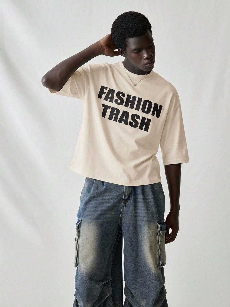 SWAVVY Kaos Rajut Kasual Pria Lengan Pendek Longgar untuk Sehari-hari dengan Cetakan Grafis Bahasa Inggris - Khaki - View 1