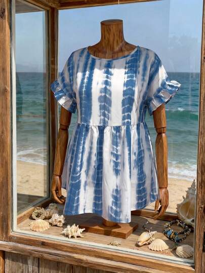 EMERY ROSE Plus Size Casual Tie-Dye Print Ruffle Sleeve Shirt Summer Tops Summer Outfits Summer Clothes  Spring  Spring Outfit Women Spring Clothes Country Style For Women Vacation Outfits Women  Seaside Retro Mannequin Window Display Graphic Tops