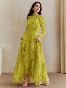 Anewsta Đầm nữ thanh lịch với cổ áo nơ chéo, tua rua đính đá, eo thắt, chân váy xòe, viền bèo nhún, màu hồng, duyên dáng và tinh tế, thích hợp cho các bữa tiệc. - màu xanh lá - Xem 7