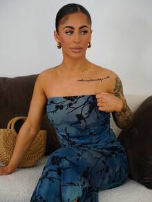 SAYEHFBABY 女士优雅网眼花卉印花露肩抹胸紧身长裙 - 藍色 - 查看 3