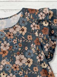 Rusticease 女式休闲 V 领盖袖宽松衬衫，复古花卉印花 - 彩色 - 查看 5