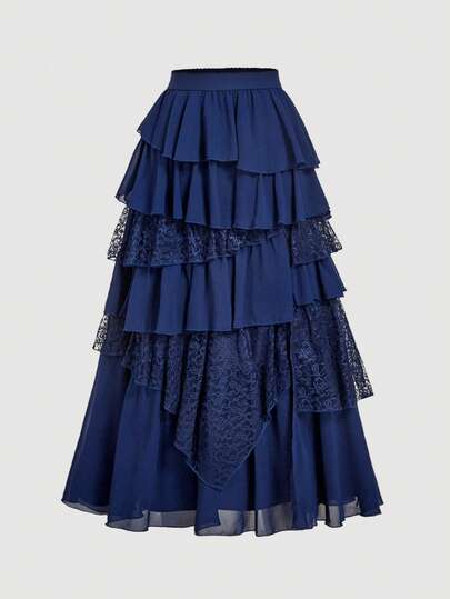 SHEIN MOD Boho-Western Elegance: 70s Flowy Chiffon & Lace Maxi Skirt In Black - Your Effortless Companion For Golden Hour Picnics & Bohemian Adventures.Woman Navy Blue Layered Ruffle Lace Midi Skirt Vintage Elegant Chic Romantic Boho Feminine Spring Summer Autumn Fashion Festival Garden Party Holiday Flowing Flowy Stylish European Retro Streetwear. Ruffled Skirt Navy Blue Skirt Layered Skirt Frilly Skirt Dark Blue Skirt