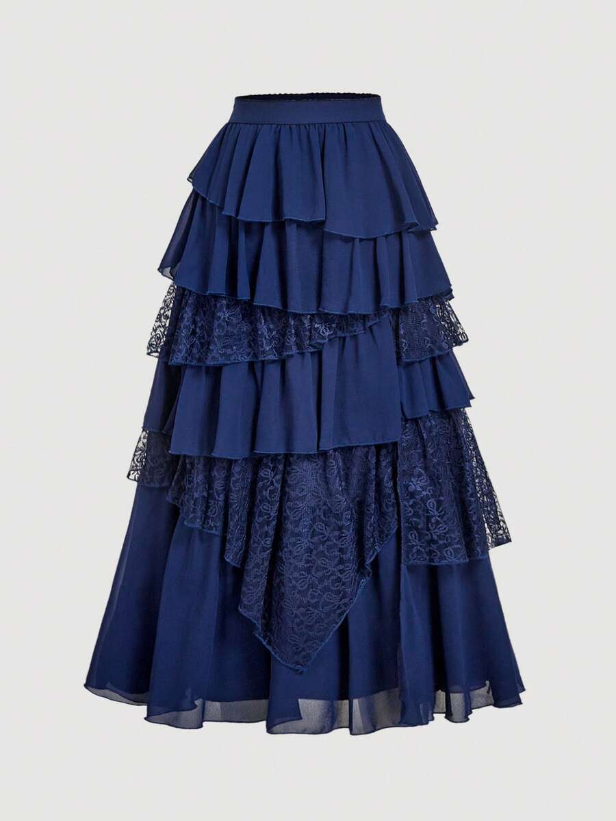 SHEIN MOD 波西米亚西部风情：70年代黑色飘逸雪纺蕾丝长裙——您在日落野餐和波西米亚风情之旅中的轻松伴侣 - 藏蓝色 - 查看 1