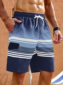 Zalmeno Men's Striped Print Drawstring Waist Beach Shorts - Dusty Blue - View 3