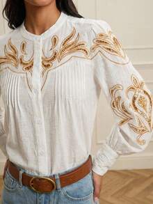 Lilora Blusa de manga larga con cuello redondo, de apertura frontal suelta, con diseño plisado bordado con calados dorados, de lino blanco antiguo casual de vacaciones, elegante, sexy, para invitada de boda, vintage, fiesta, primavera, vestido de gala para noche de graduación, de primavera a verano, vacaciones de verano. - Albaricoque - Ver 4